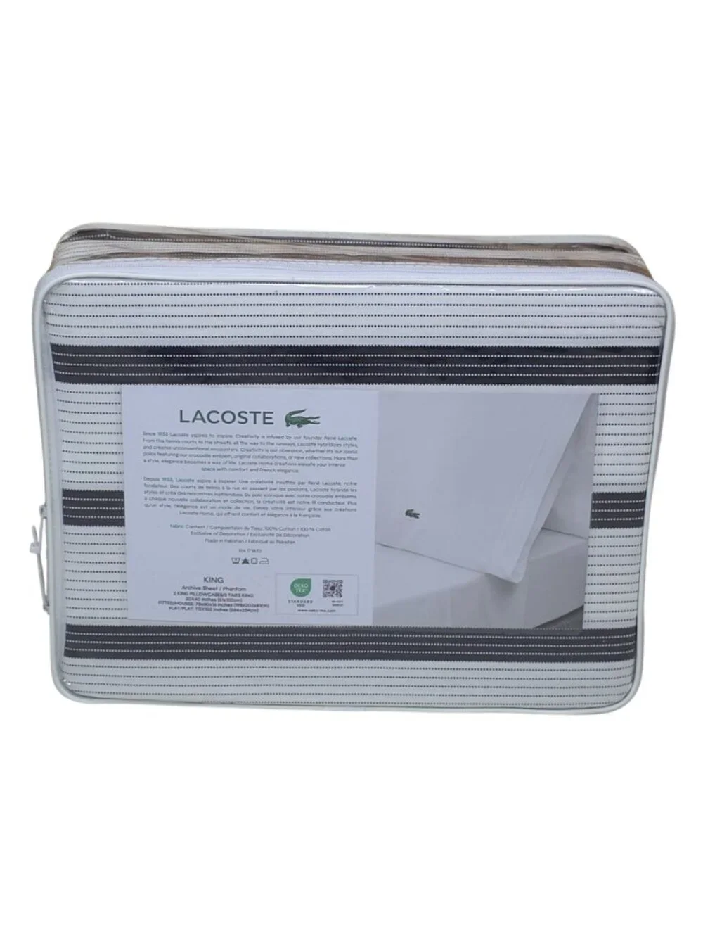 Lacoste King 4 Piece Cotton Percale Sheet Set Archive Phantom Stripe Black White